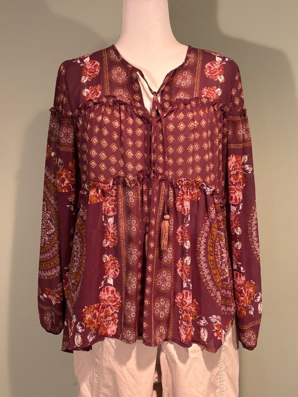 Women’s Boho Floral Peasant Blouse - Burgundy Knox Rose Size M